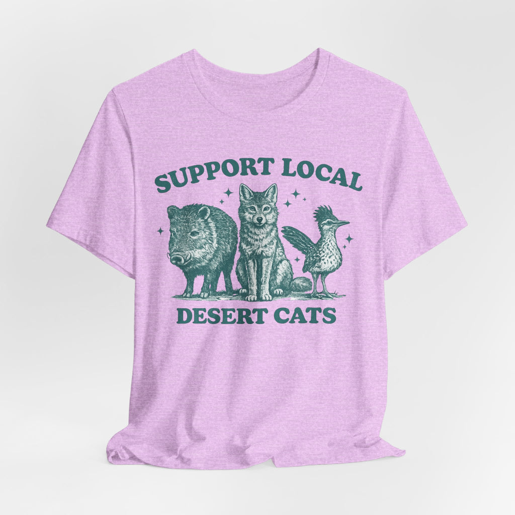 Support Local Desert Cats T-Shirt in Heather Peach - vintage etching desert wildlife trio graphic tee, Barely Outdoorsy Bella Canvas