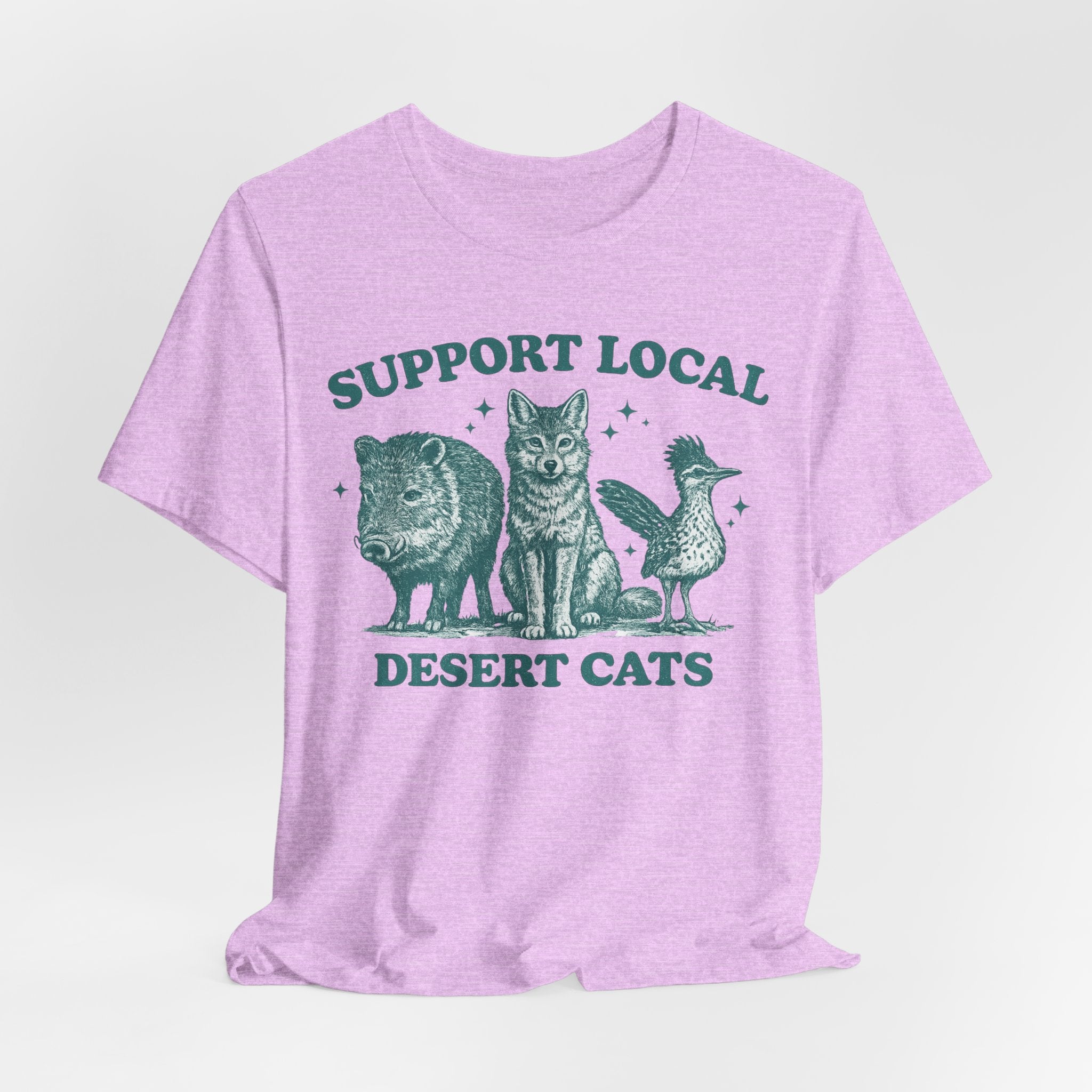 Support Local Desert Cats T-Shirt in Heather Peach - vintage etching desert wildlife trio graphic tee, Barely Outdoorsy Bella Canvas