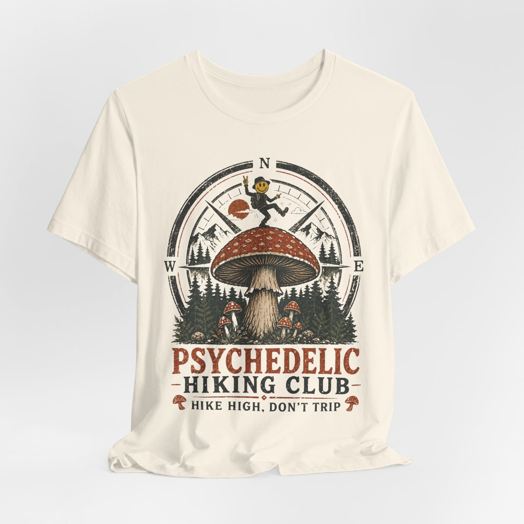 Psychedelic Hiking Club T-Shirt in Heather Peach - dark cottagecore hiking club graphic tee, Barely Outdoorsy Bella Canvas