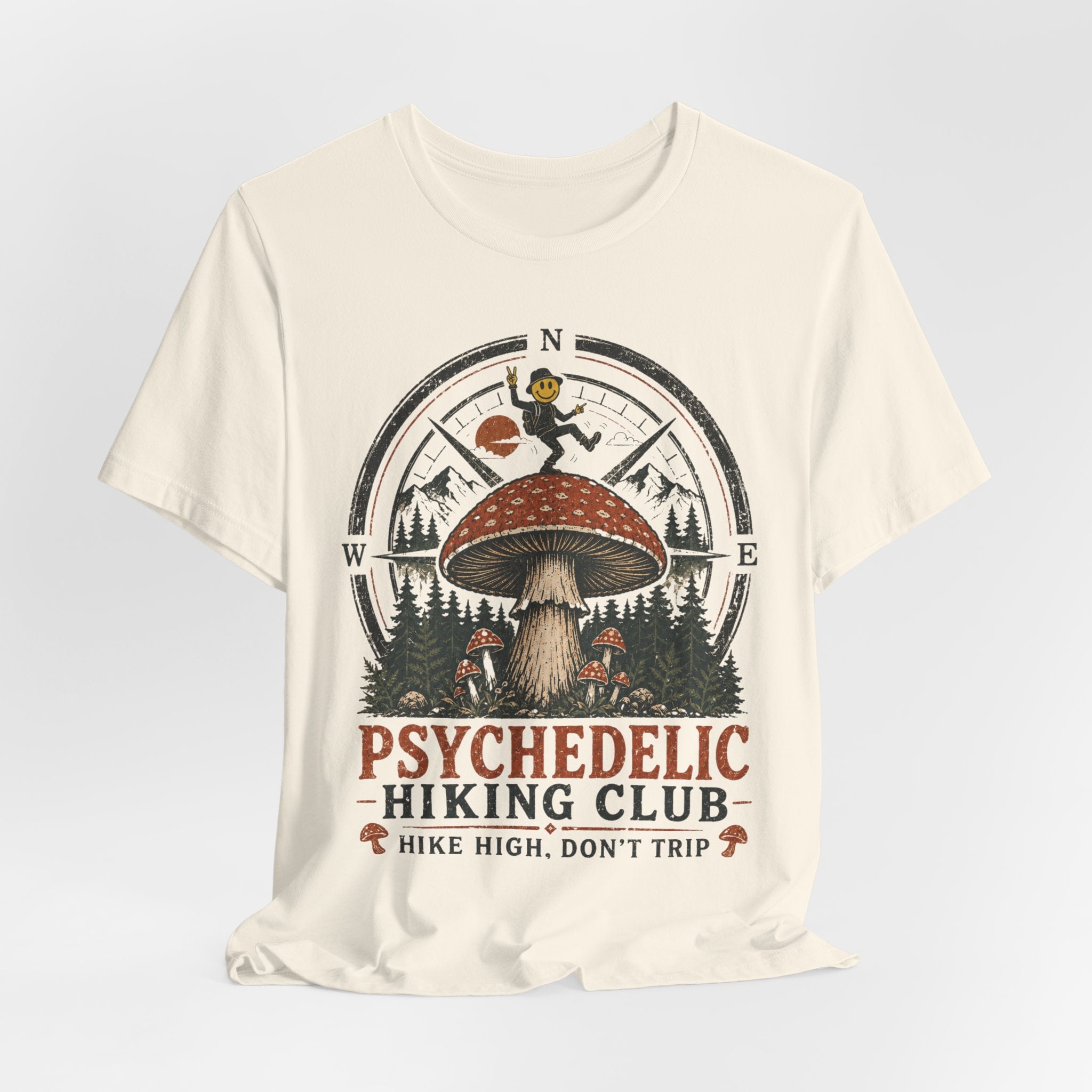 Psychedelic Hiking Club T-Shirt in Heather Peach - dark cottagecore hiking club graphic tee, Barely Outdoorsy Bella Canvas