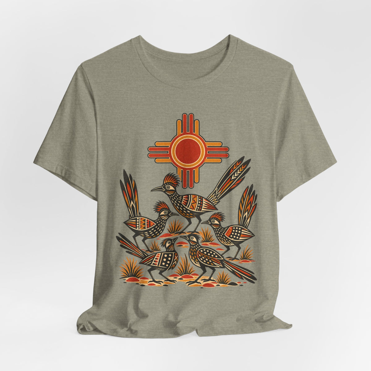New Mexico Roadrunner Sun T-Shirt in Heather Green - Southwest New Mexico roadrunner sun graphic tee, Barely Outdoorsy