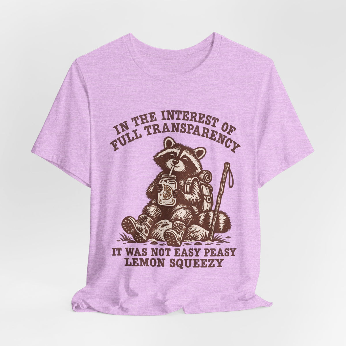Full Transparency Raccoon Hiking T-Shirt flat lay Athletic Heather - unisex crew neck raccoon hiking graphic tee, Barely Outdoorsy