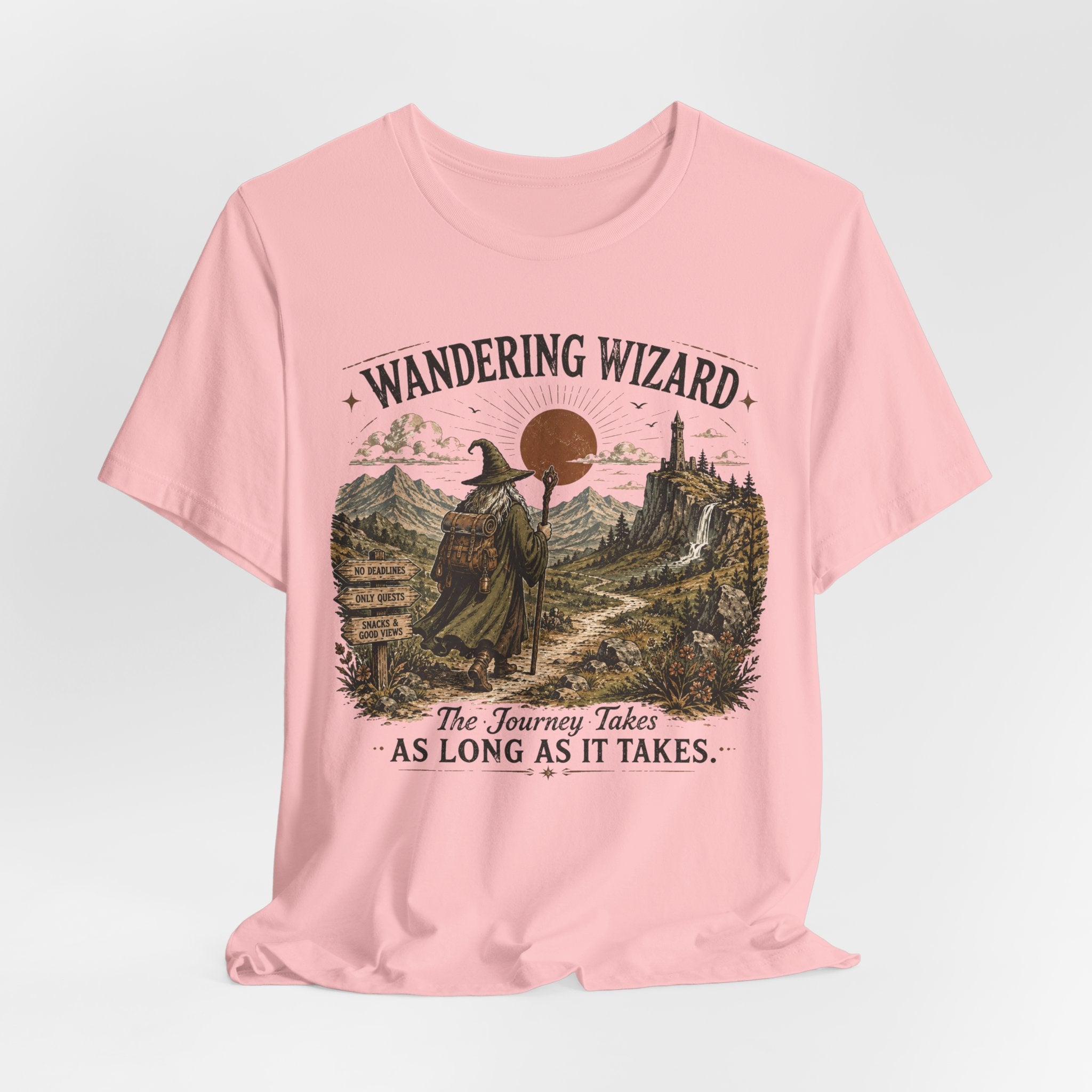 Wandering Wizard Hiking Tee in Heather Ice Blue - fantasy wizard staff hiking shirt, Barely Outdoorsy Bella Canvas