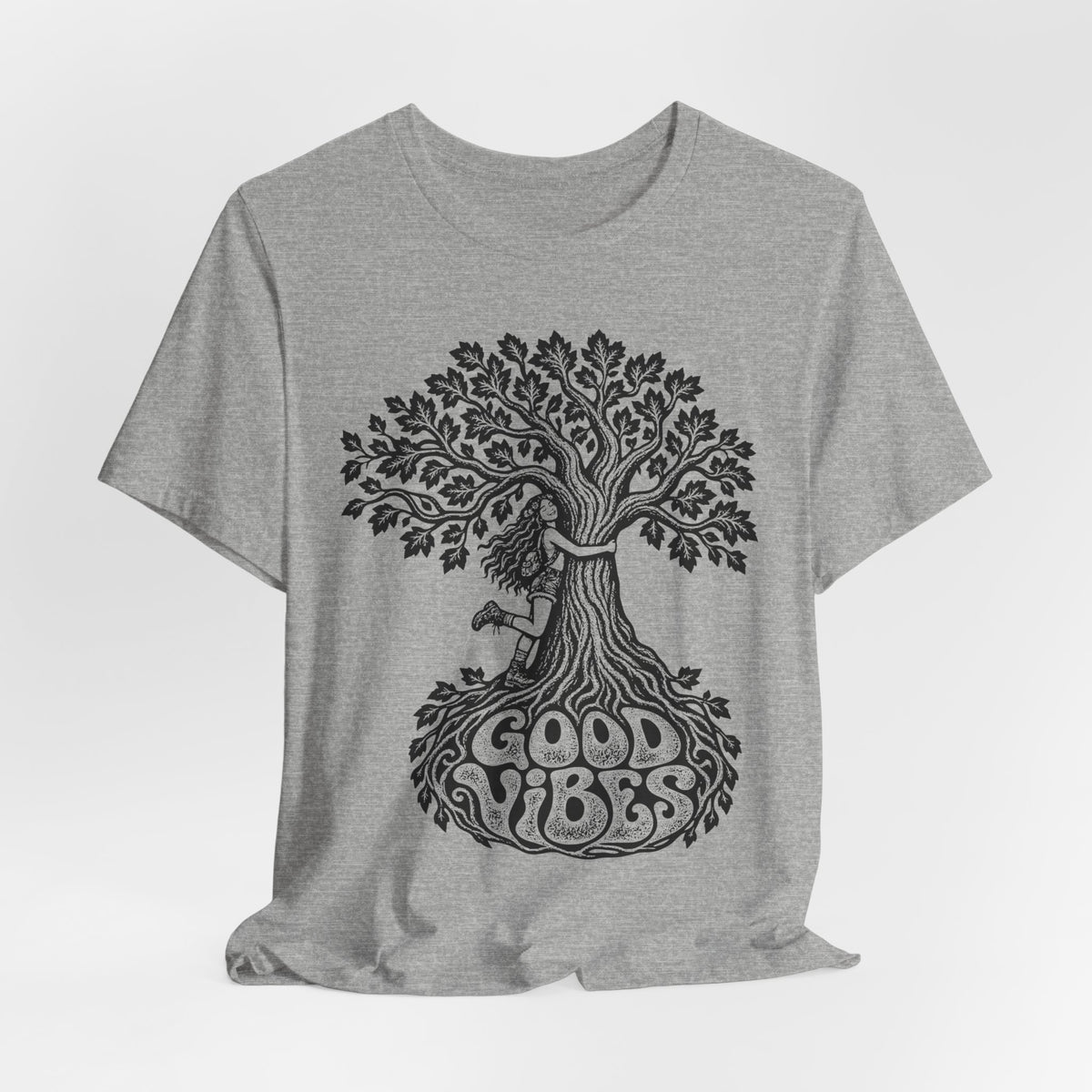 Good Vibes Tree Hug T-Shirt in Heather Prism Lilac - funny good vibes tree hug tee, Barely Outdoorsy