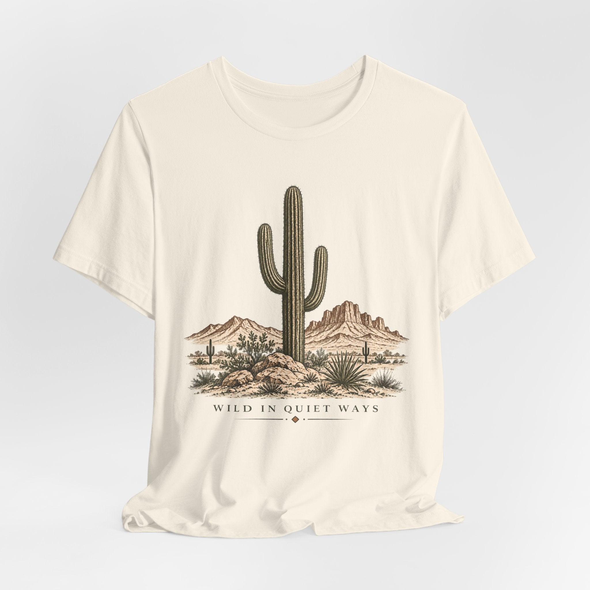 Wild in Quiet Ways Saguaro T-Shirt in White - Southwest saguaro graphic tee, Barely Outdoorsy Bella Canvas