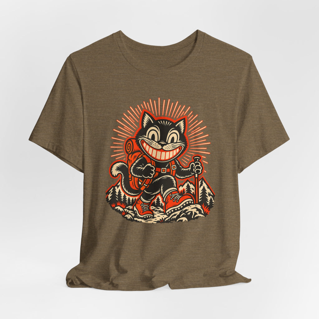 Grinning Black Cat Hiker T-Shirt in Heather Mustard - funny grinning black cat hiking graphic tee, Barely Outdoorsy