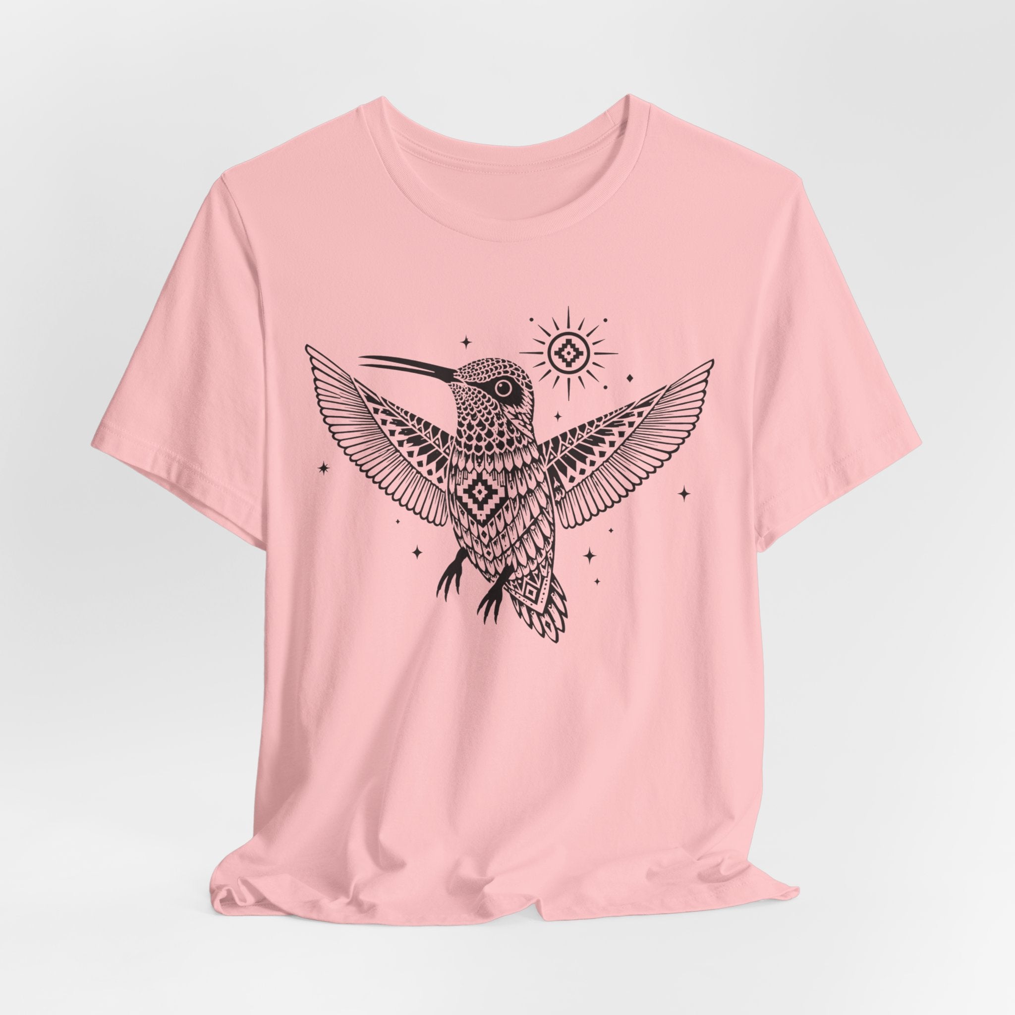 Southwest Geometric Hummingbird Mandala T-Shirt flat lay Athletic Heather - unisex crew neck hummingbird mandala graphic tee, Barely Outdoorsy