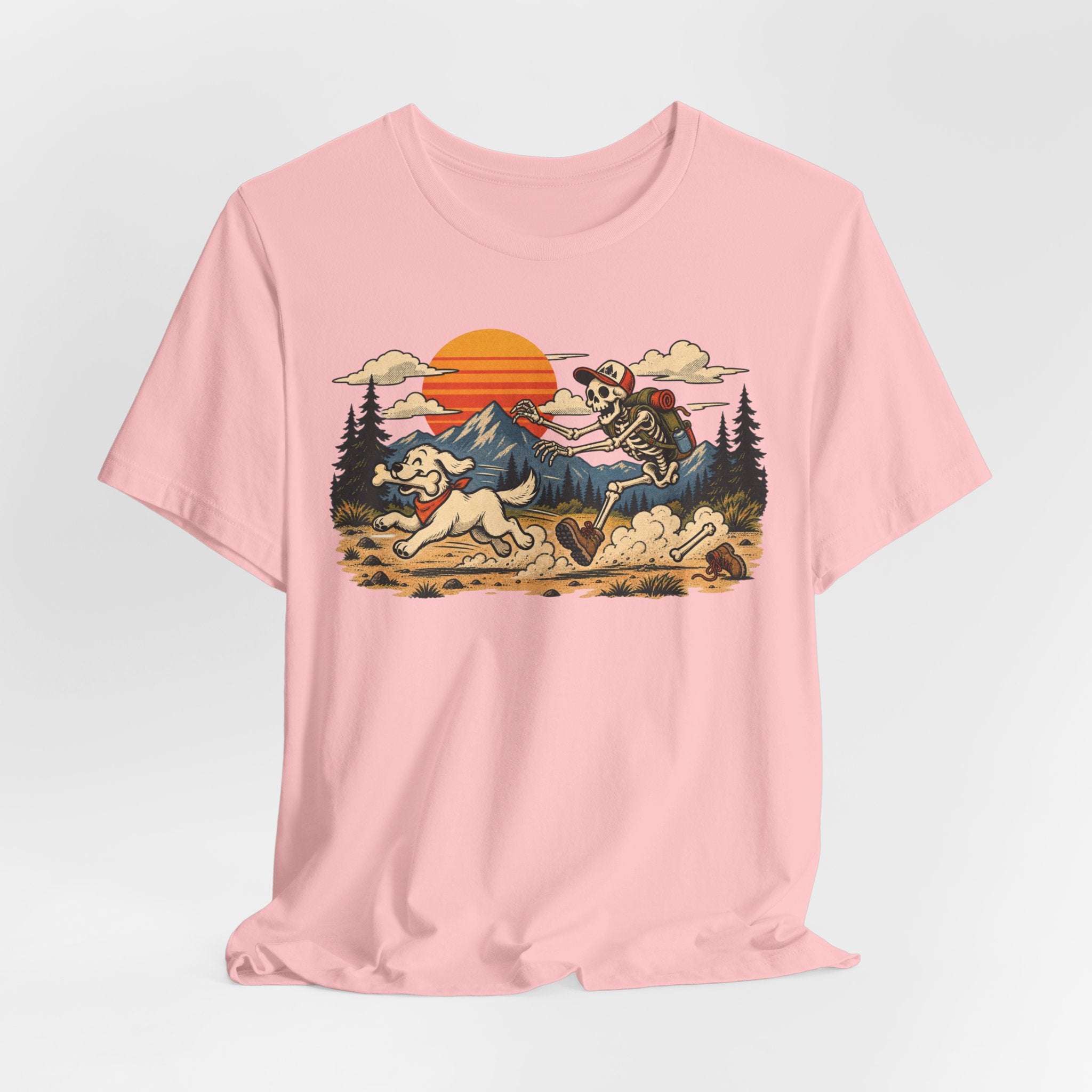 Skeleton Hiker Playing Fetch T-Shirt in Mauve - funny skeleton hiker fetch graphic tee, Barely Outdoorsy