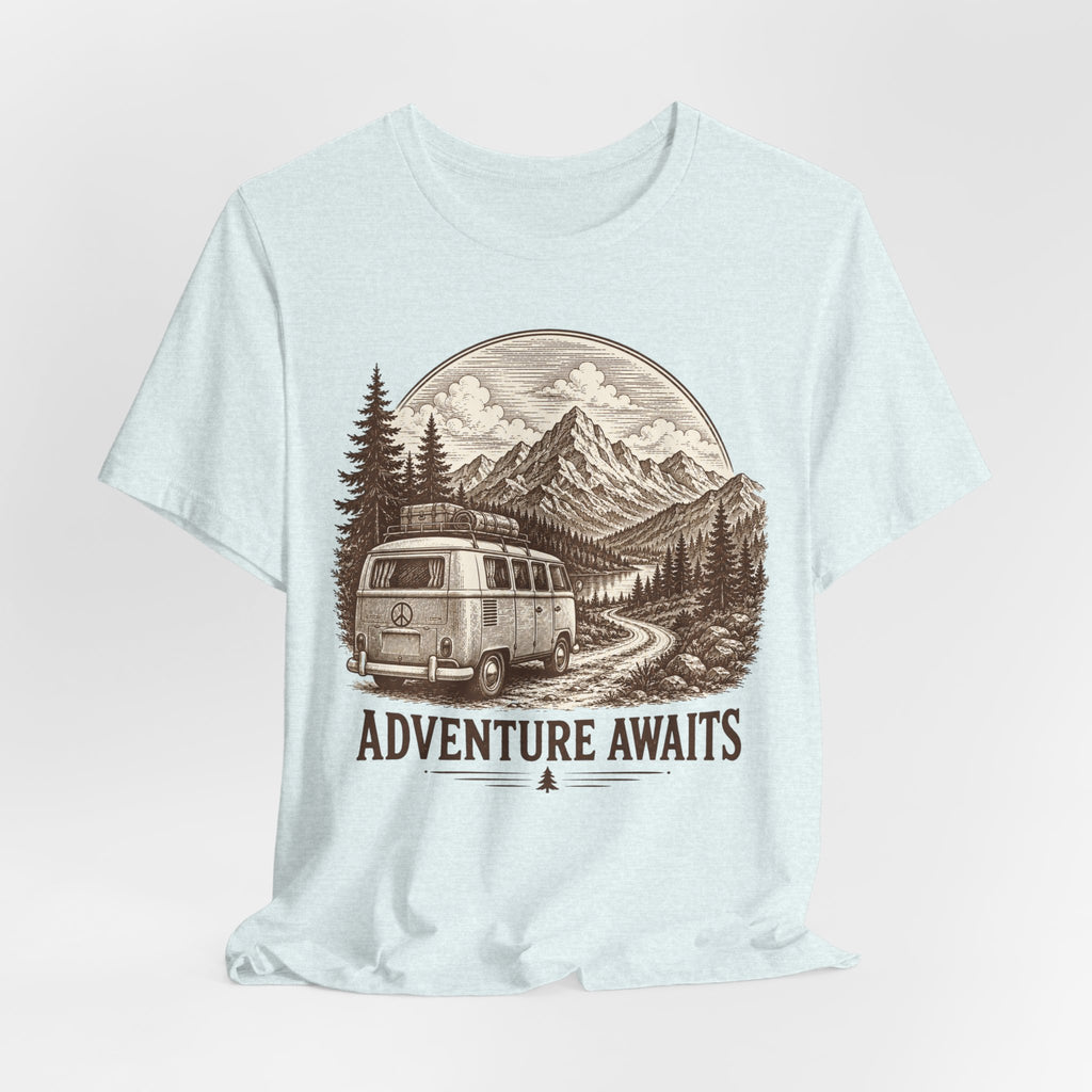 Adventure Awaits T-Shirt flat lay Athletic Heather - unisex crew neck vintage etching van graphic tee, Barely Outdoorsy