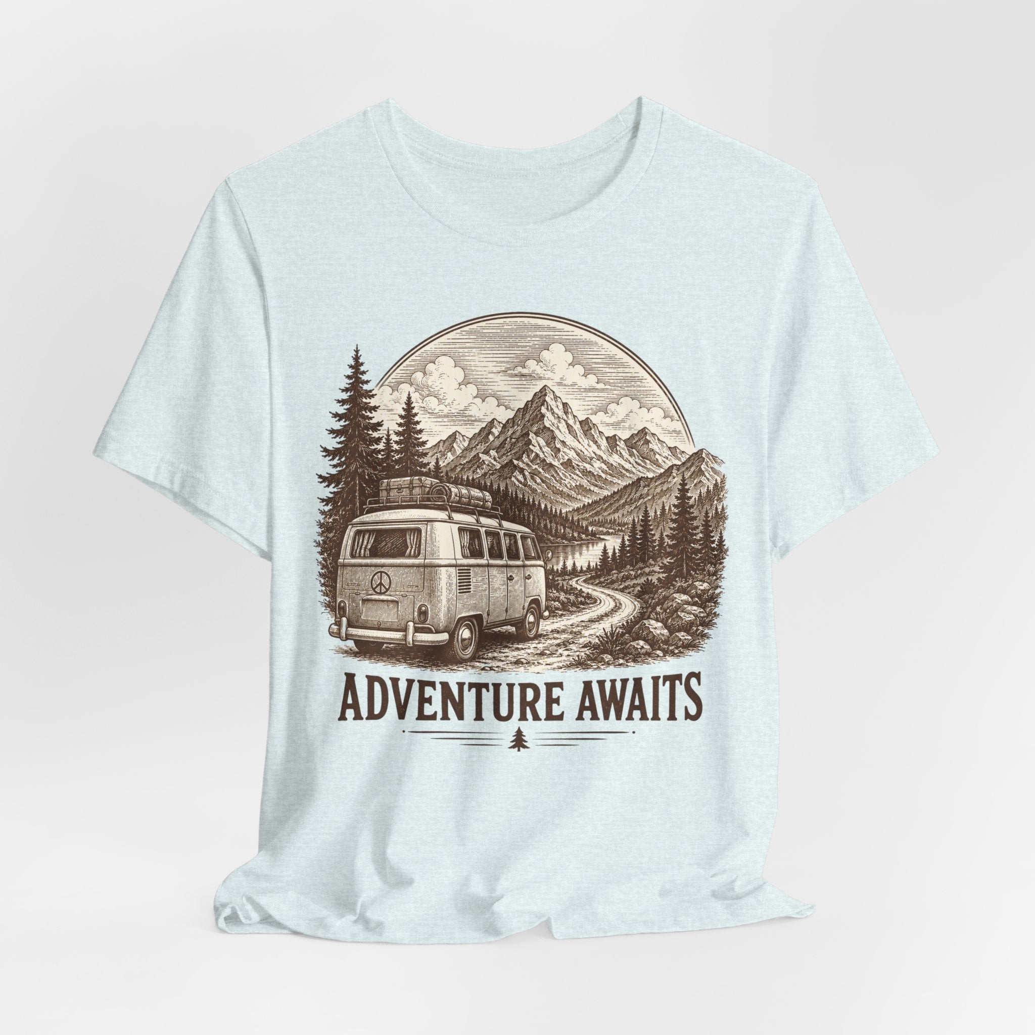 Adventure Awaits T-Shirt flat lay Athletic Heather - unisex crew neck vintage etching van graphic tee, Barely Outdoorsy