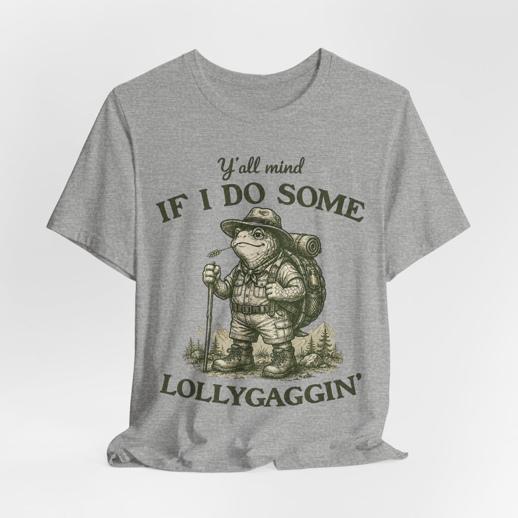 Lollygaggin' Tortoise Tee in Heather Peach - funny tortoise hiking club shirt, Barely Outdoorsy Bella Canvas 3001