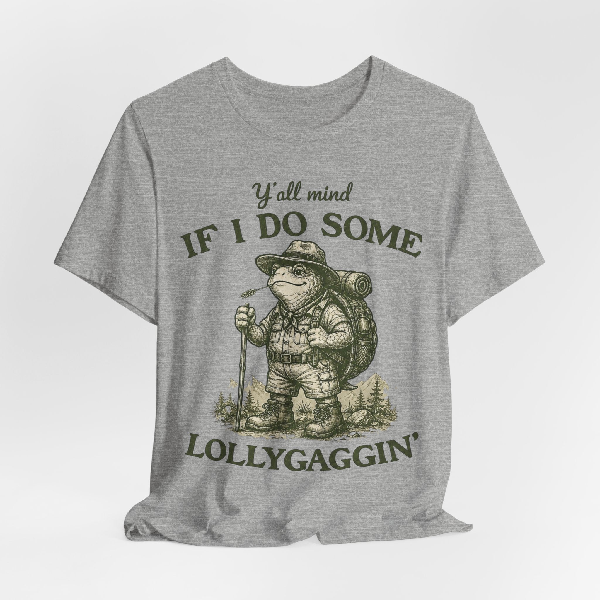 Lollygaggin' Tortoise Tee in Heather Peach - funny tortoise hiking club shirt, Barely Outdoorsy Bella Canvas 3001