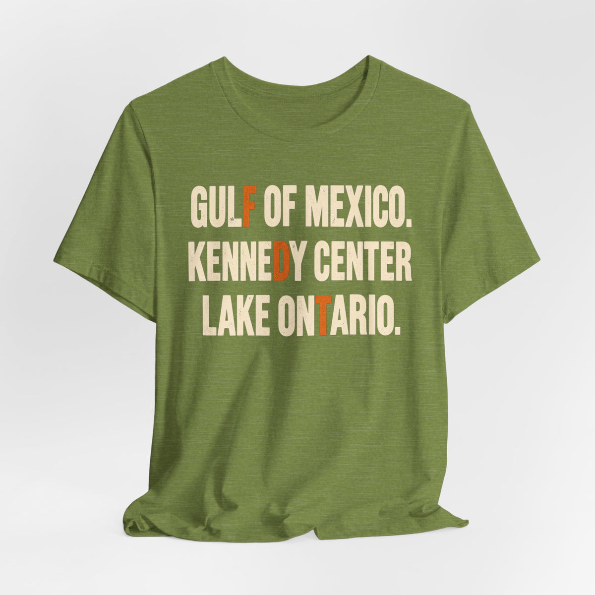Gulf of Mexico Kennedy Center Lake Ontario T-Shirt in Heather Green - bold block letter graphic tee, Barely Outdoorsy Bella Canvas