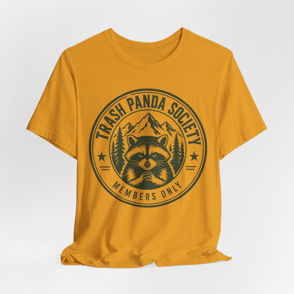 Trash Panda Society Tee in Black Heather - raccoon members only badge humor shirt, Barely Outdoorsy Bella Canvas 3001