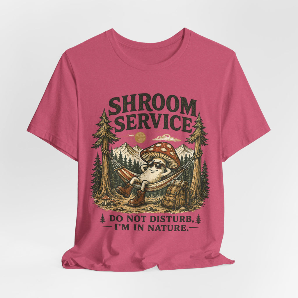 Shroom Service Tee flat lay Deep Heather - unisex crew neck mushroom hammock graphic tee, Barely Outdoorsy