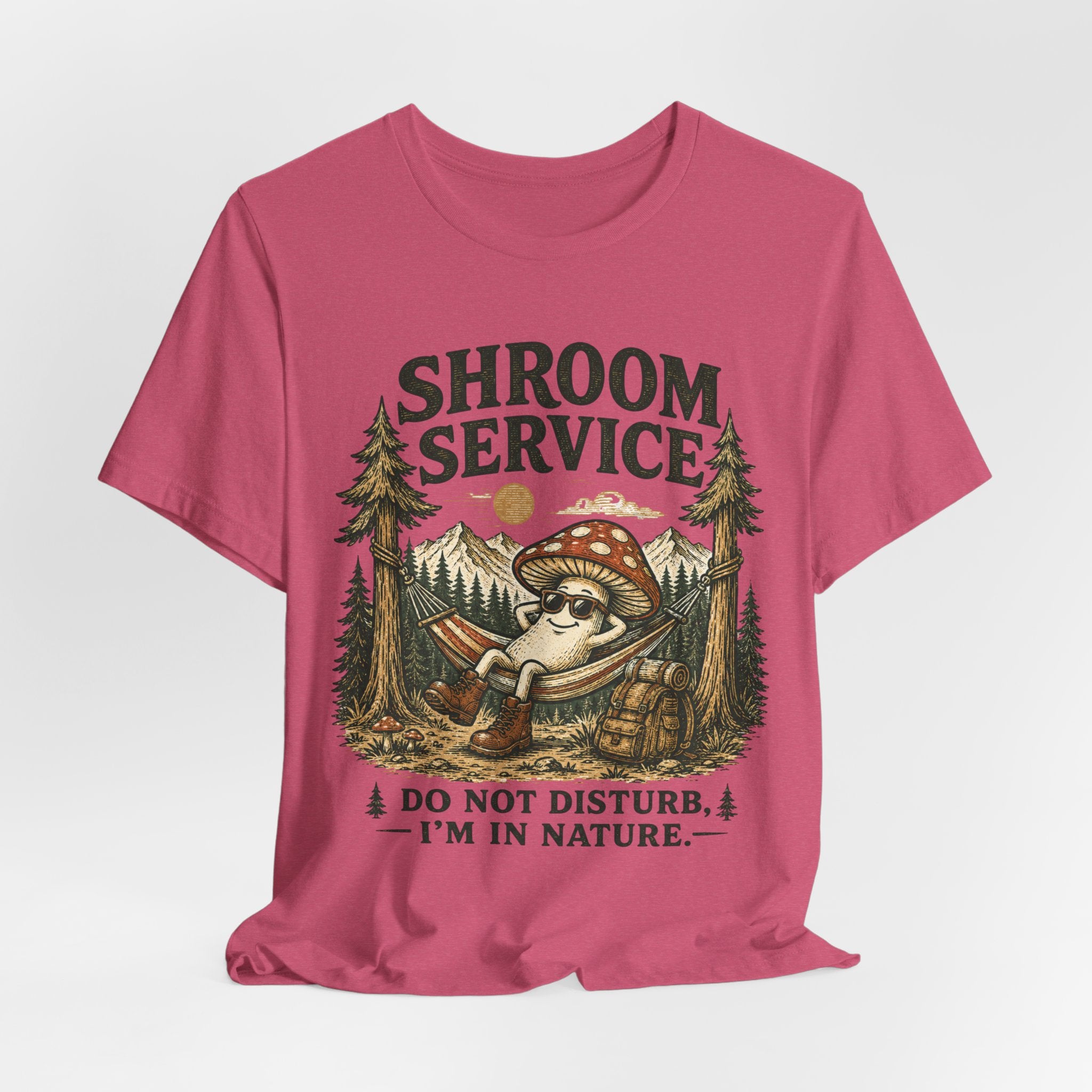 Shroom Service Tee flat lay Deep Heather - unisex crew neck mushroom hammock graphic tee, Barely Outdoorsy