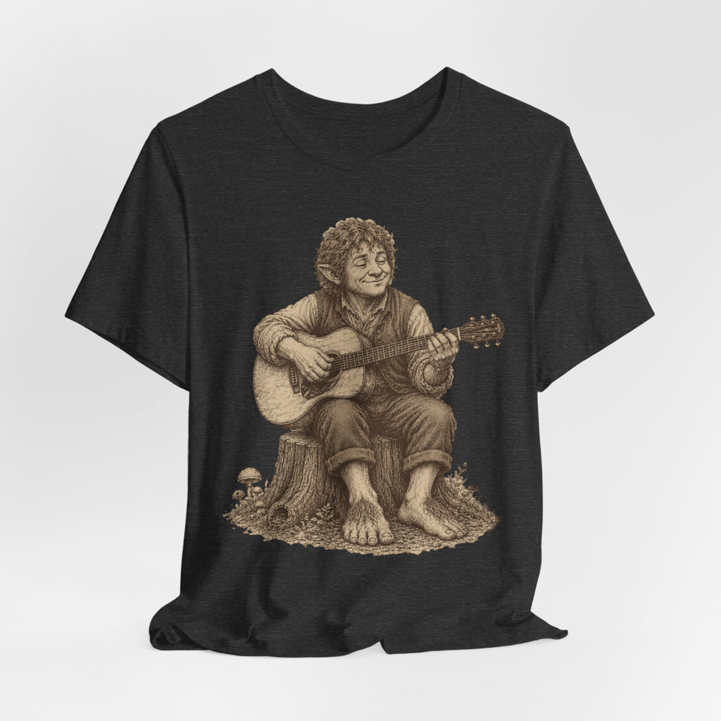 Halfling Guitar Tee flat lay Dark Grey Heather - unisex crew neck vintage halfling guitar graphic tee, Barely Outdoorsy
