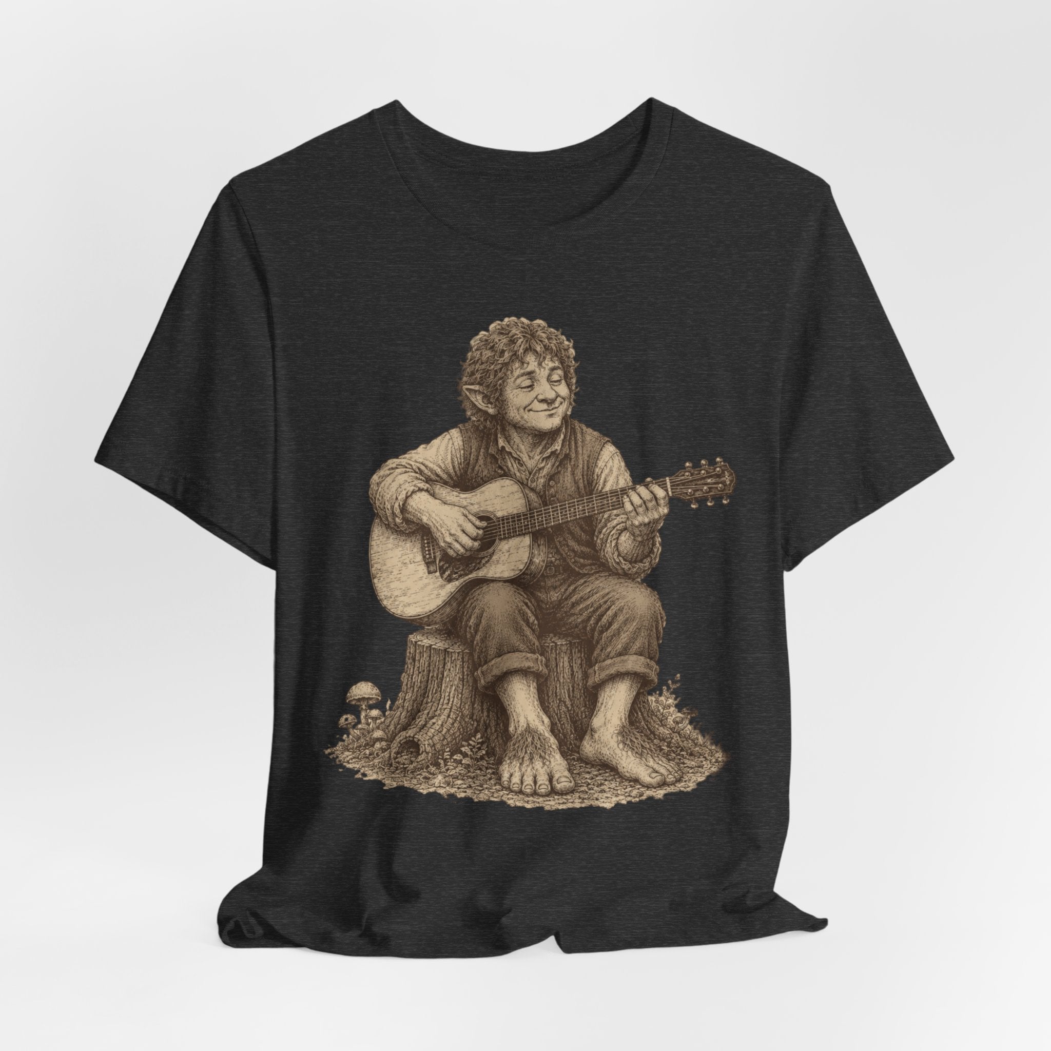 Halfling Guitar Tee flat lay Dark Grey Heather - unisex crew neck vintage halfling guitar graphic tee, Barely Outdoorsy