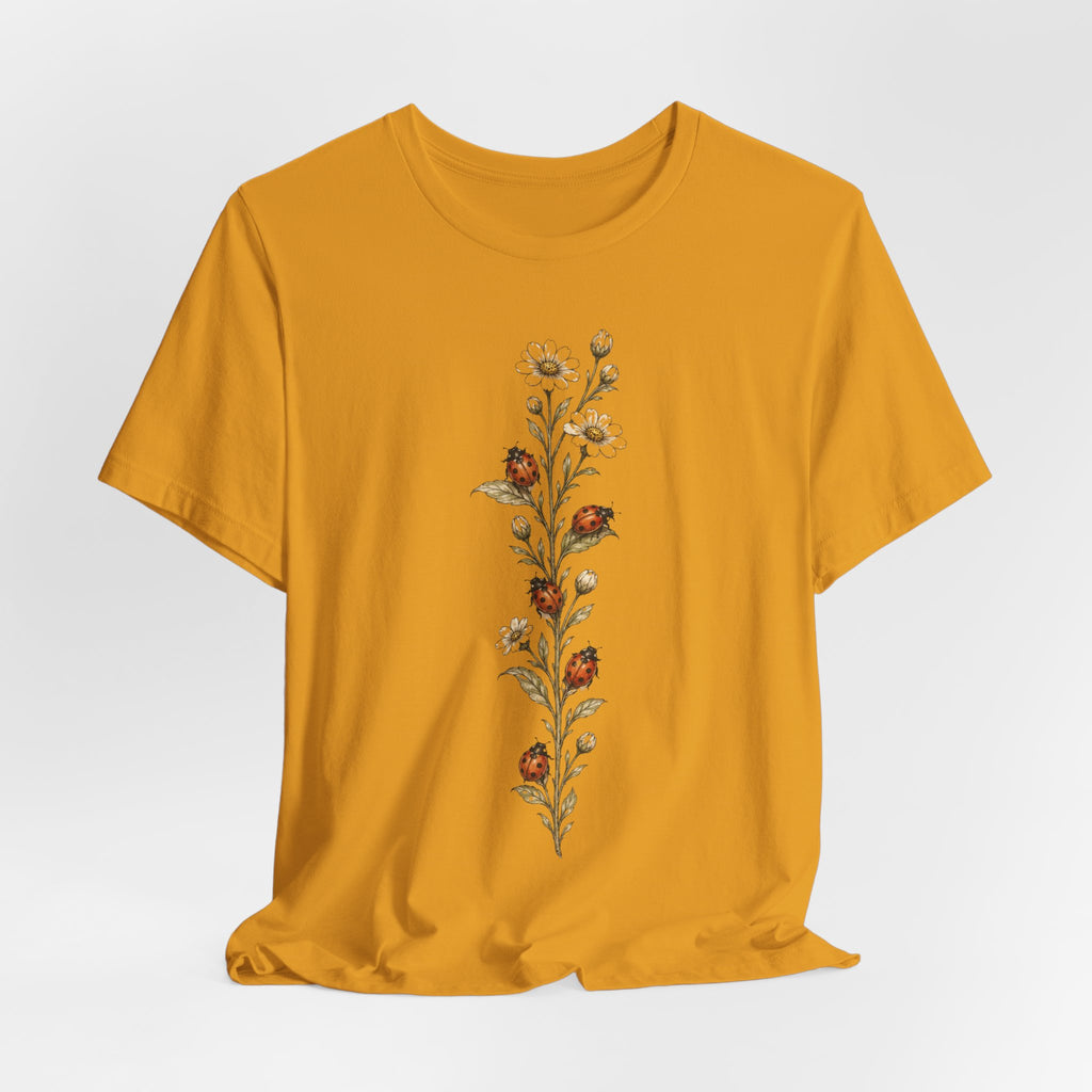 Ladybug Daisy Vine Botanical T-Shirt in White - cottagecore botanical ladybug daisy graphic tee, Barely Outdoorsy Bella Canvas