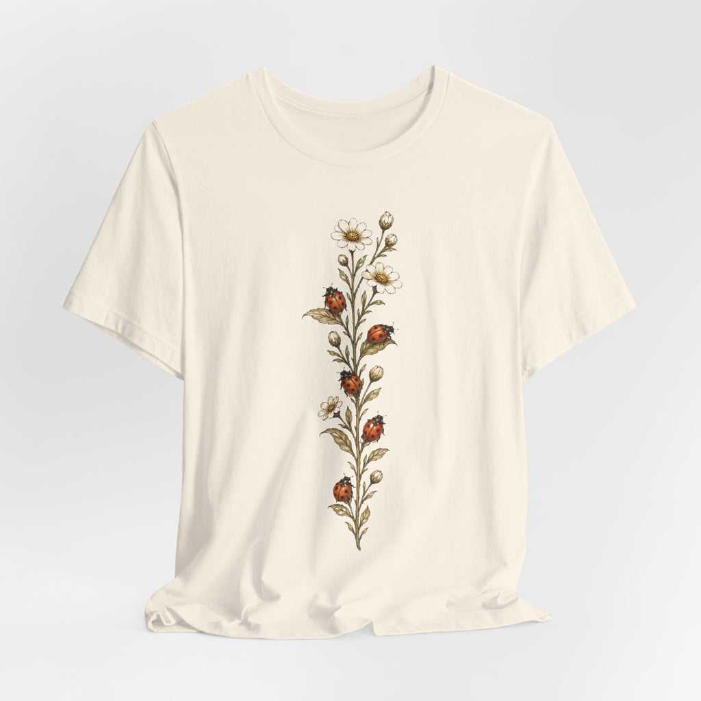 Ladybug Daisy Vine Botanical Tee in Maroon - vintage naturalist ladybug daisy vine shirt, Barely Outdoorsy