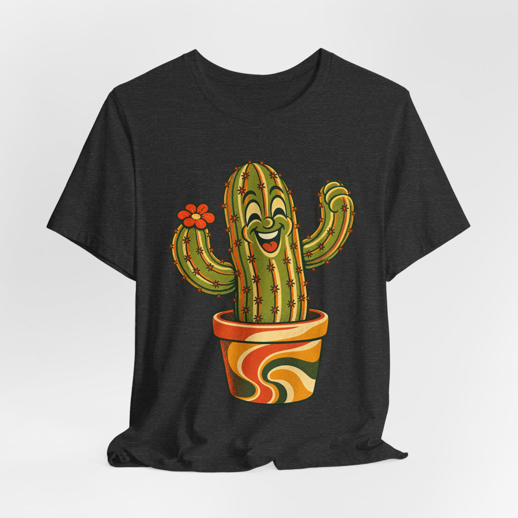 Happy Cactus Retro 70s T-Shirt in Dark Grey Heather - retro 70s cartoon happy cactus plant graphic tee, Barely Outdoorsy Bella Canvas 3001