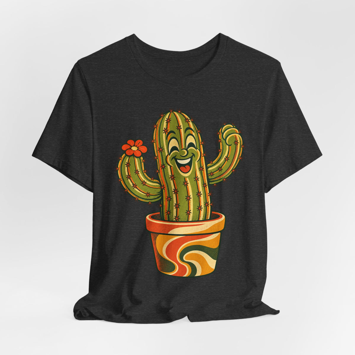Happy Cactus Retro 70s T-Shirt in Dark Grey Heather - retro 70s cartoon happy cactus plant graphic tee, Barely Outdoorsy Bella Canvas 3001