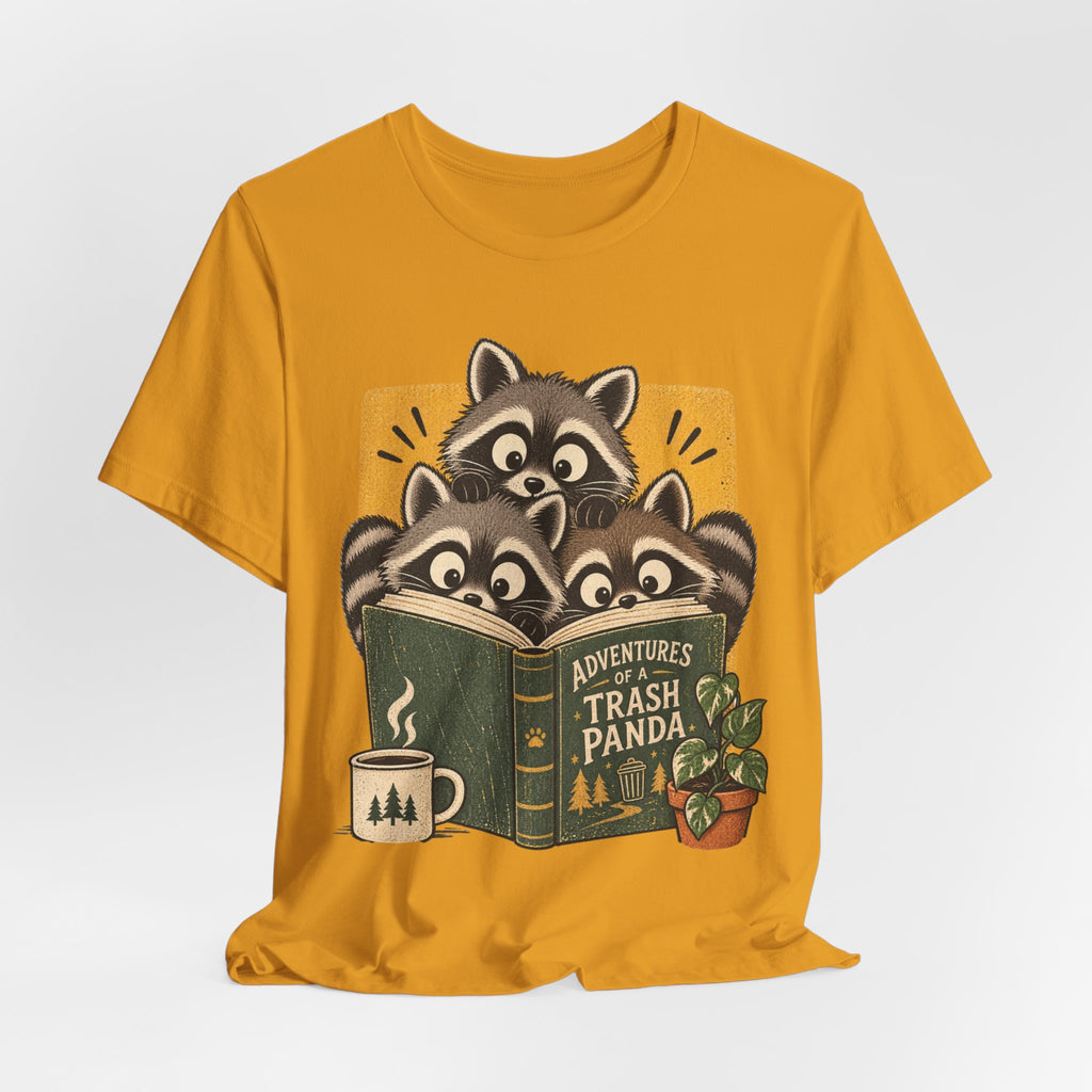 Adventures of a Trash Panda T-Shirt in Dark Grey Heather - funny raccoon adventure goblincore graphic tee, Barely Outdoorsy Bella Canvas 3001