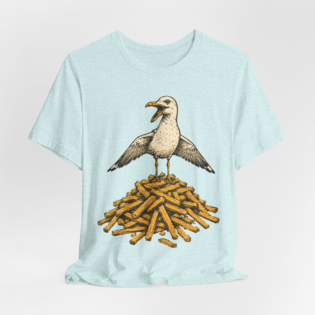 Seagull French Fry Mountain T-Shirt in Athletic Heather - funny seagull french fry mountain graphic tee, Barely Outdoorsy Bella Canvas 3001