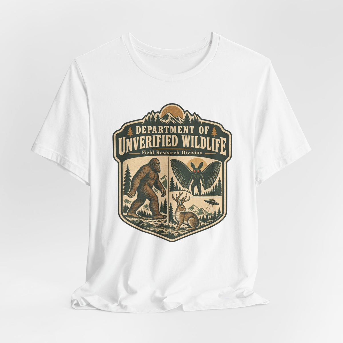 Department of Unverified Wildlife Tee in Heather Peach - funny cryptid department shirt, Barely Outdoorsy Bella Canvas 3001
