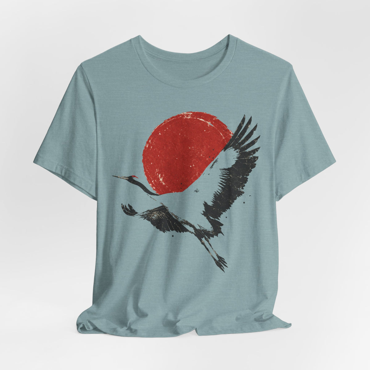 Red Crowned Crane Sumi-e T-Shirt in Heather Prism Lilac - Japanese crane ink wash graphic tee, Barely Outdoorsy