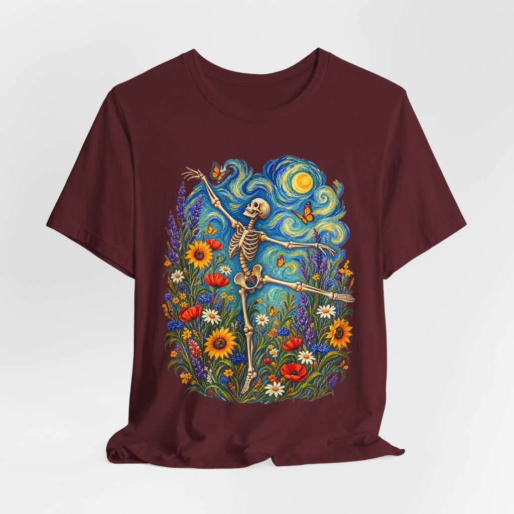 Starry Night Dancing Skeleton Tee in Heather True Royal detail - skeleton wildflower starry night close-up graphic