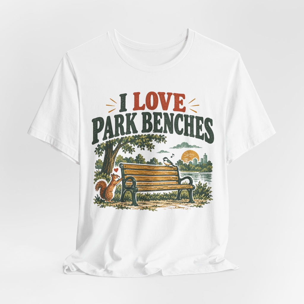 I Love Park Benches T-Shirt in Athletic Heather - funny park bench outdoor humor graphic tee, Barely Outdoorsy Bella Canvas 3001