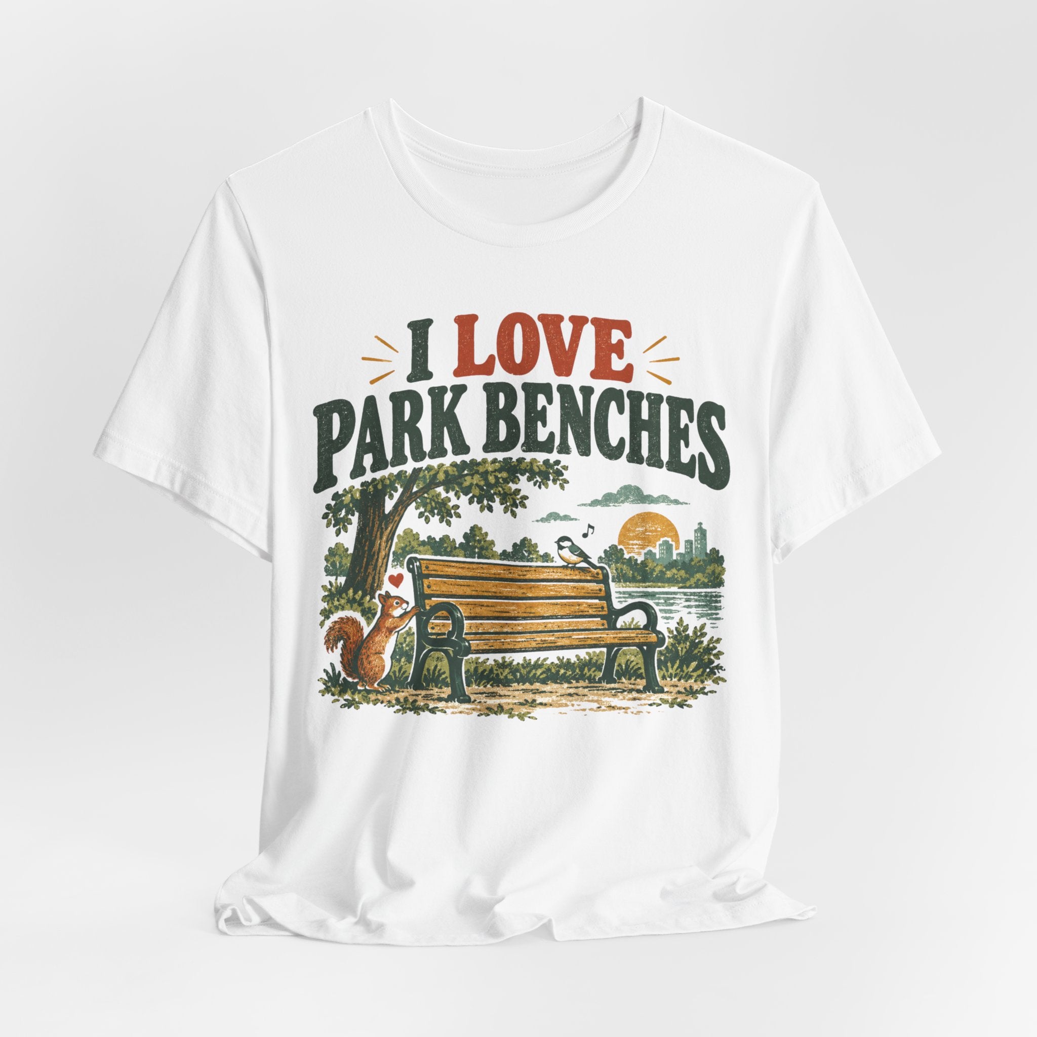 I Love Park Benches T-Shirt in Athletic Heather - funny park bench outdoor humor graphic tee, Barely Outdoorsy Bella Canvas 3001