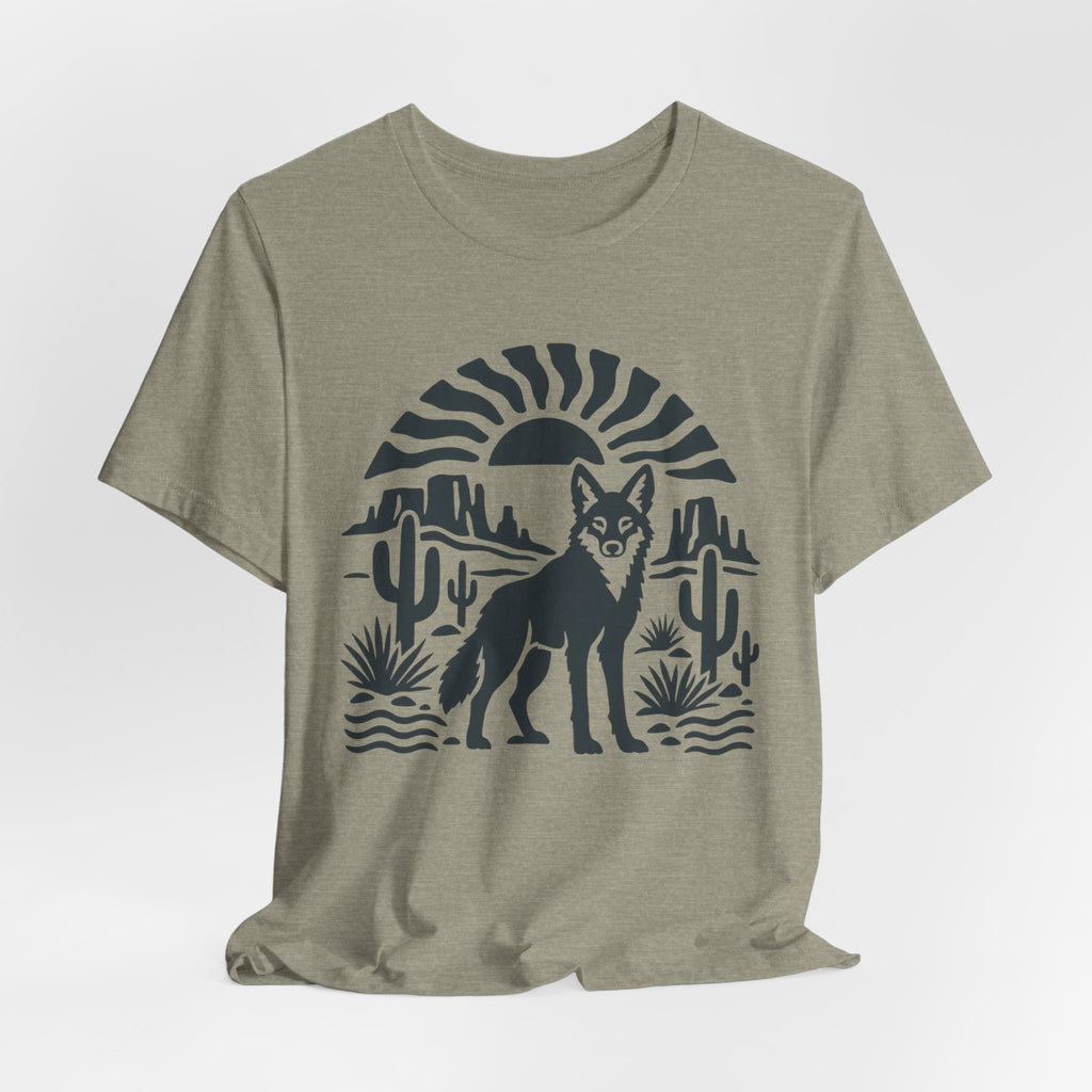 Desert Coyote Minimalist Southwest T-Shirt in Heather Brown - minimalist Southwest desert coyote cactus graphic tee, Barely Outdoorsy Bella Canvas 3001