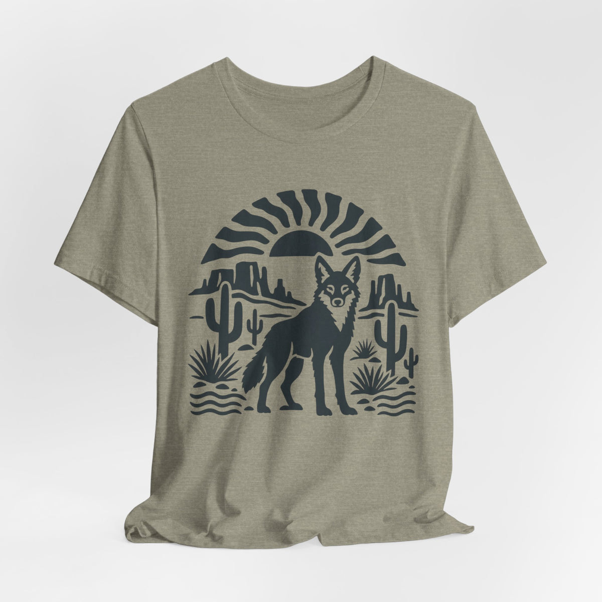 Desert Coyote Minimalist Southwest T-Shirt in Heather Brown - minimalist Southwest desert coyote cactus graphic tee, Barely Outdoorsy Bella Canvas 3001