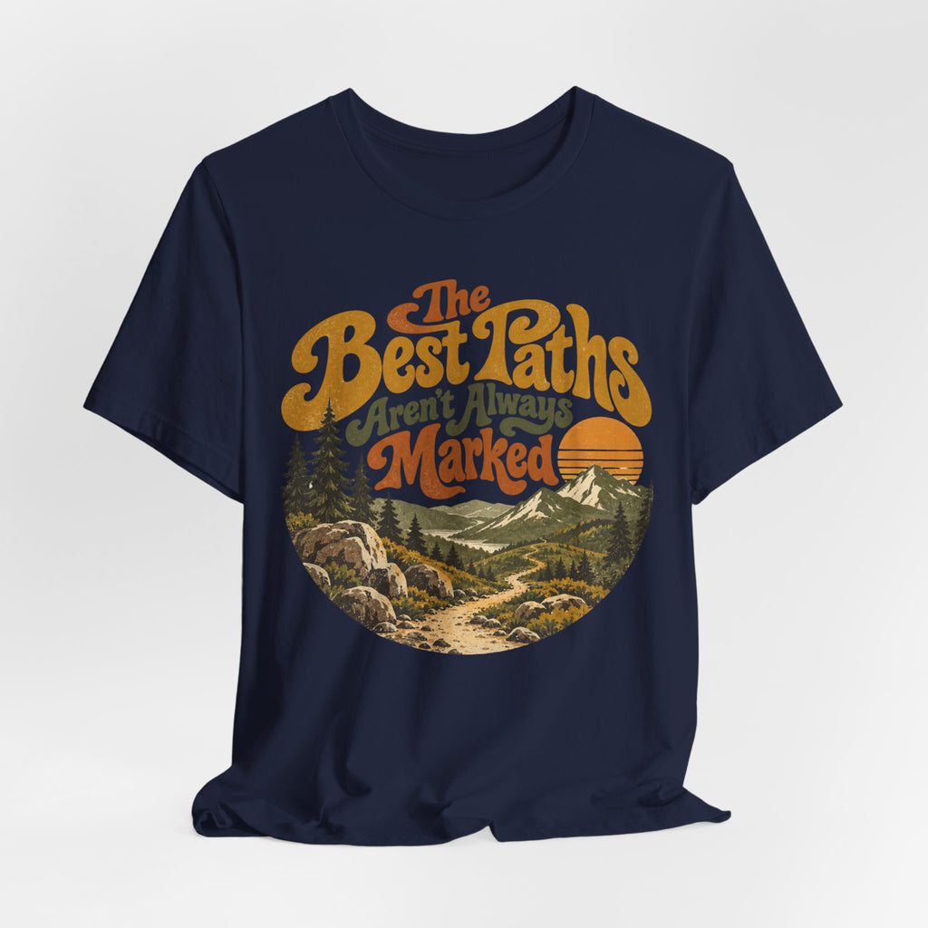 The Best Paths Aren't Always Marked T-Shirt flat lay Athletic Heather - unisex crew neck retro hiking graphic tee, Barely Outdoorsy