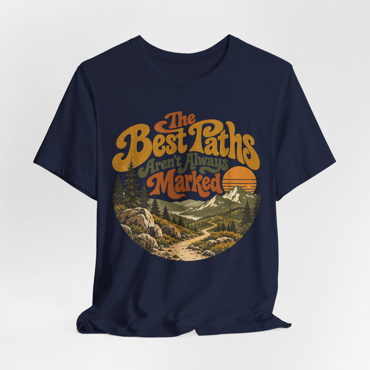 The Best Paths Aren't Always Marked T-Shirt flat lay Athletic Heather - unisex crew neck retro hiking graphic tee, Barely Outdoorsy