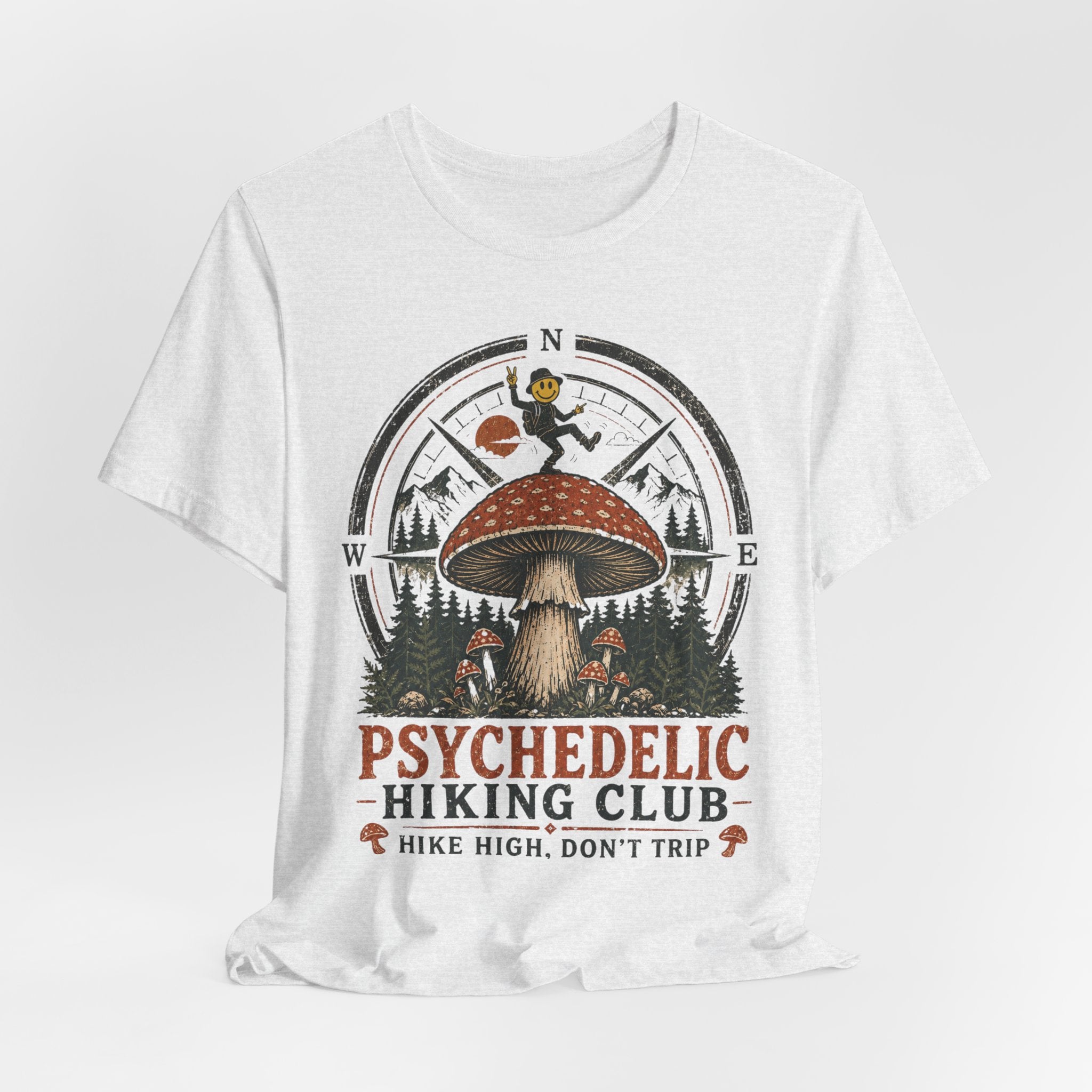 Psychedelic Hiking Club T-Shirt in Athletic Heather - dark cottagecore hiking club graphic tee, Barely Outdoorsy Bella Canvas 3001