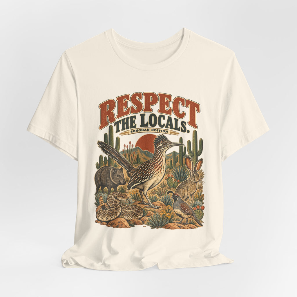Respect The Locals Sonoran Desert T-Shirt flat lay Athletic Heather - unisex crew neck Sonoran Desert graphic tee, Barely Outdoorsy