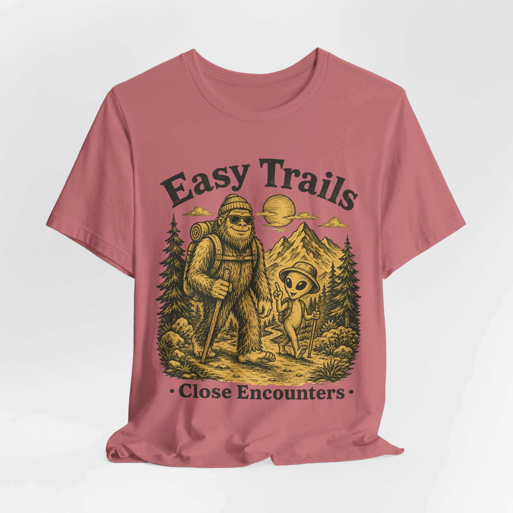 Easy Trails Close Encounters Tee in Heather Green - Bigfoot and alien hiking buddies funny cryptid shirt, Barely Outdoorsy