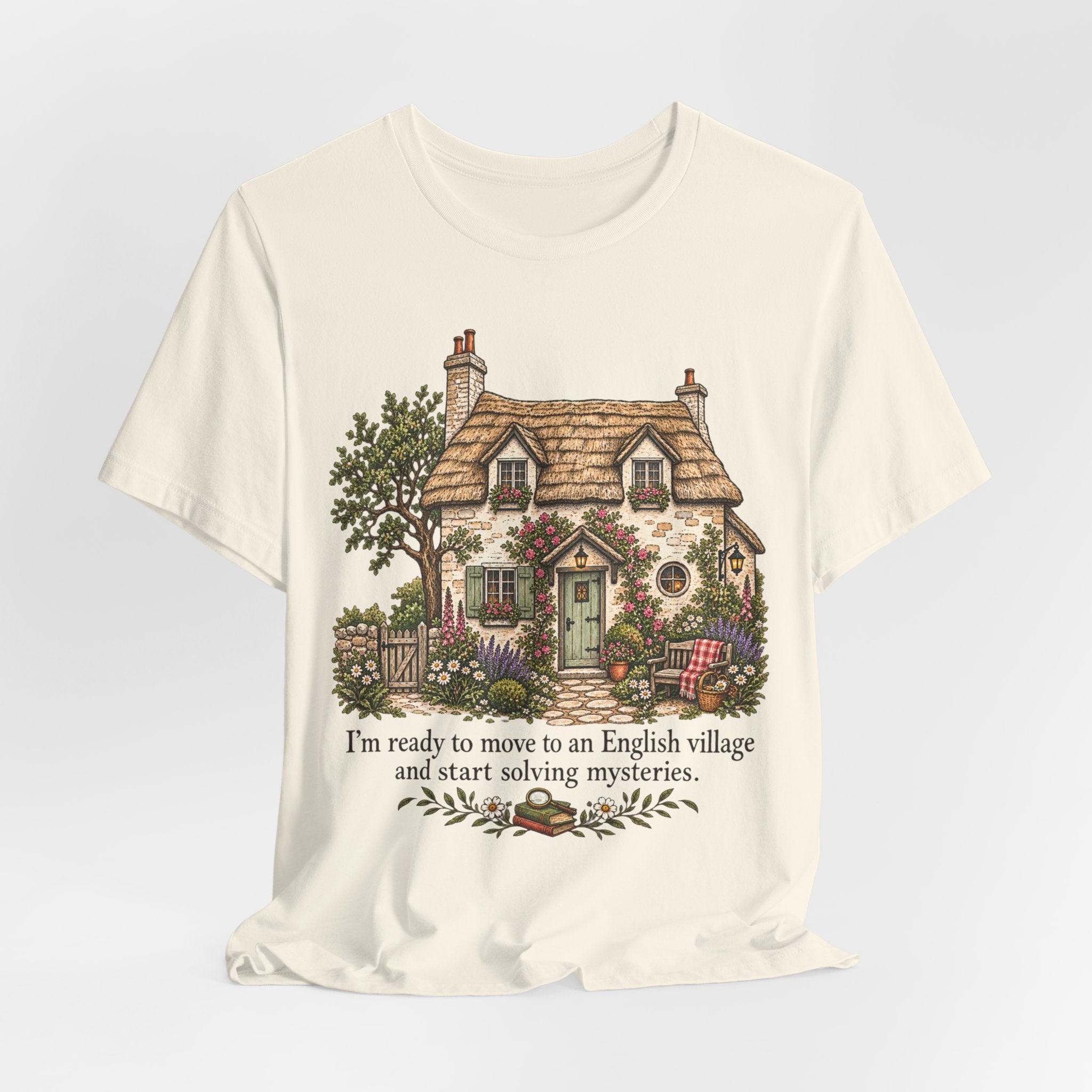English Village Mysteries Cozy Tee in White detail - English village mystery humor close-up graphic
