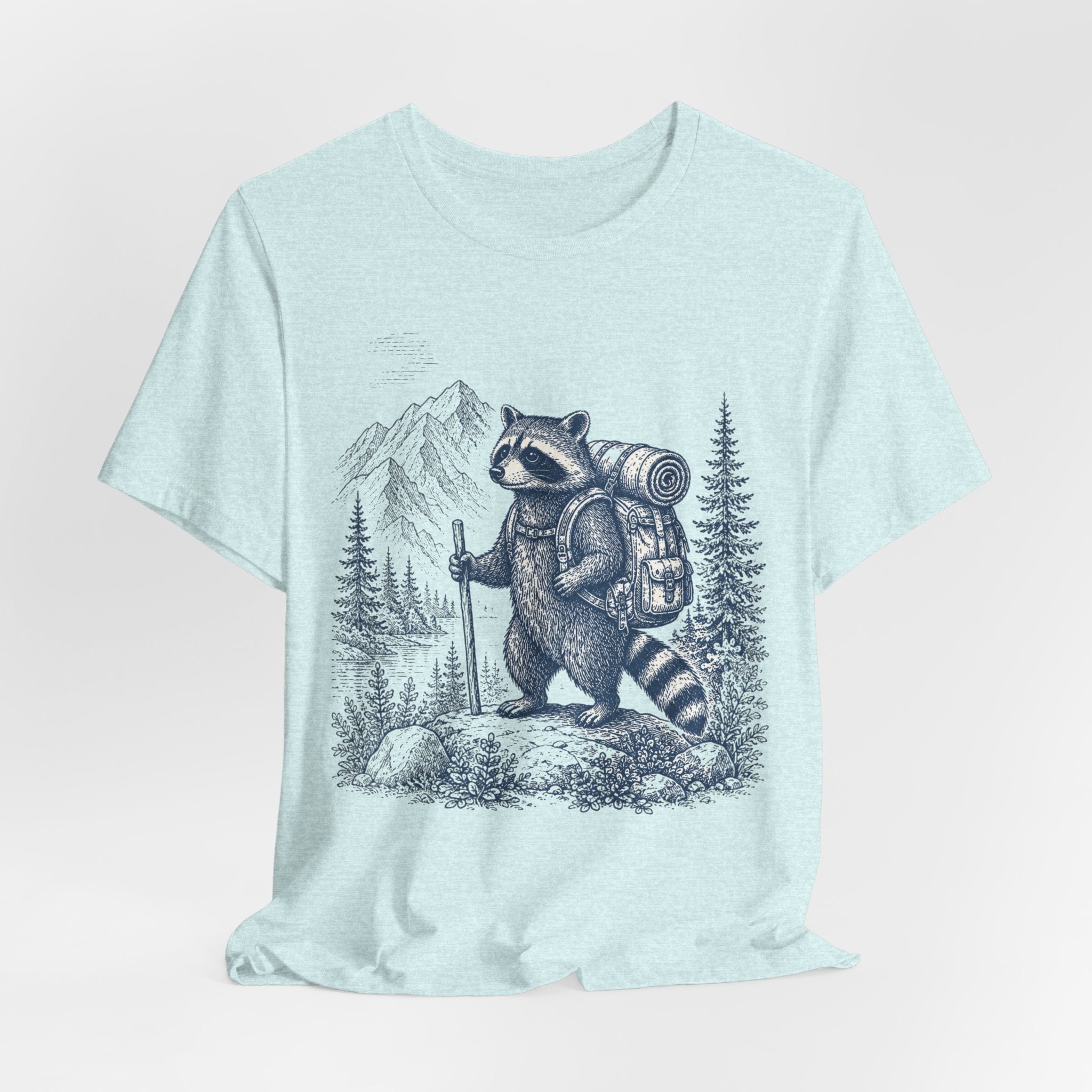 Backpacking Raccoon Hiking T-Shirt in Mauve - funny raccoon hiking backpacking graphic tee, Barely Outdoorsy