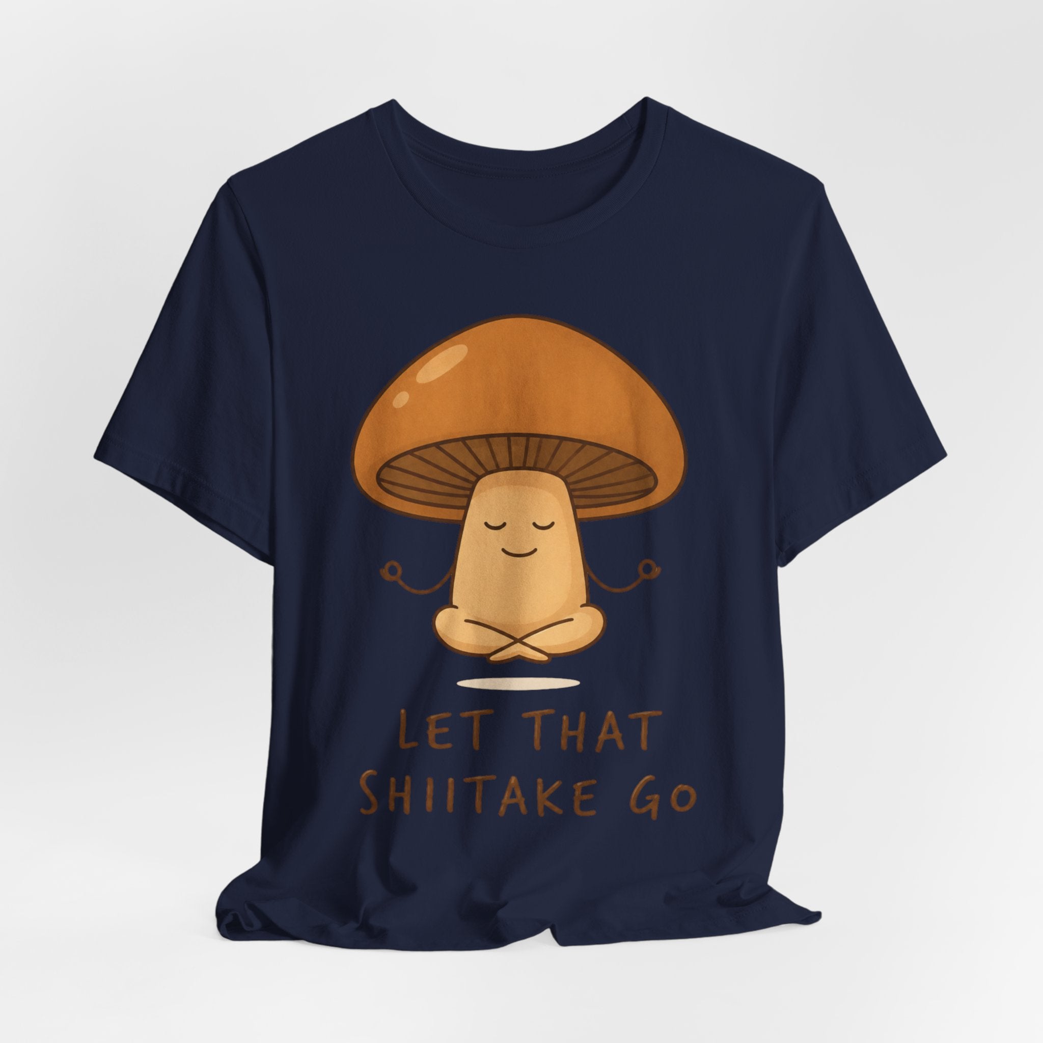 Let That Shiitake Go T-Shirt in Heather Ice Blue - mushroom humor pun tee, Barely Outdoorsy Bella Canvas 3001