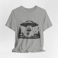 UFO Mushroom Abduction T-Shirt in Heather Peach worn shot - funny goblincore alien shirt, Barely Outdoorsy Bella Canvas