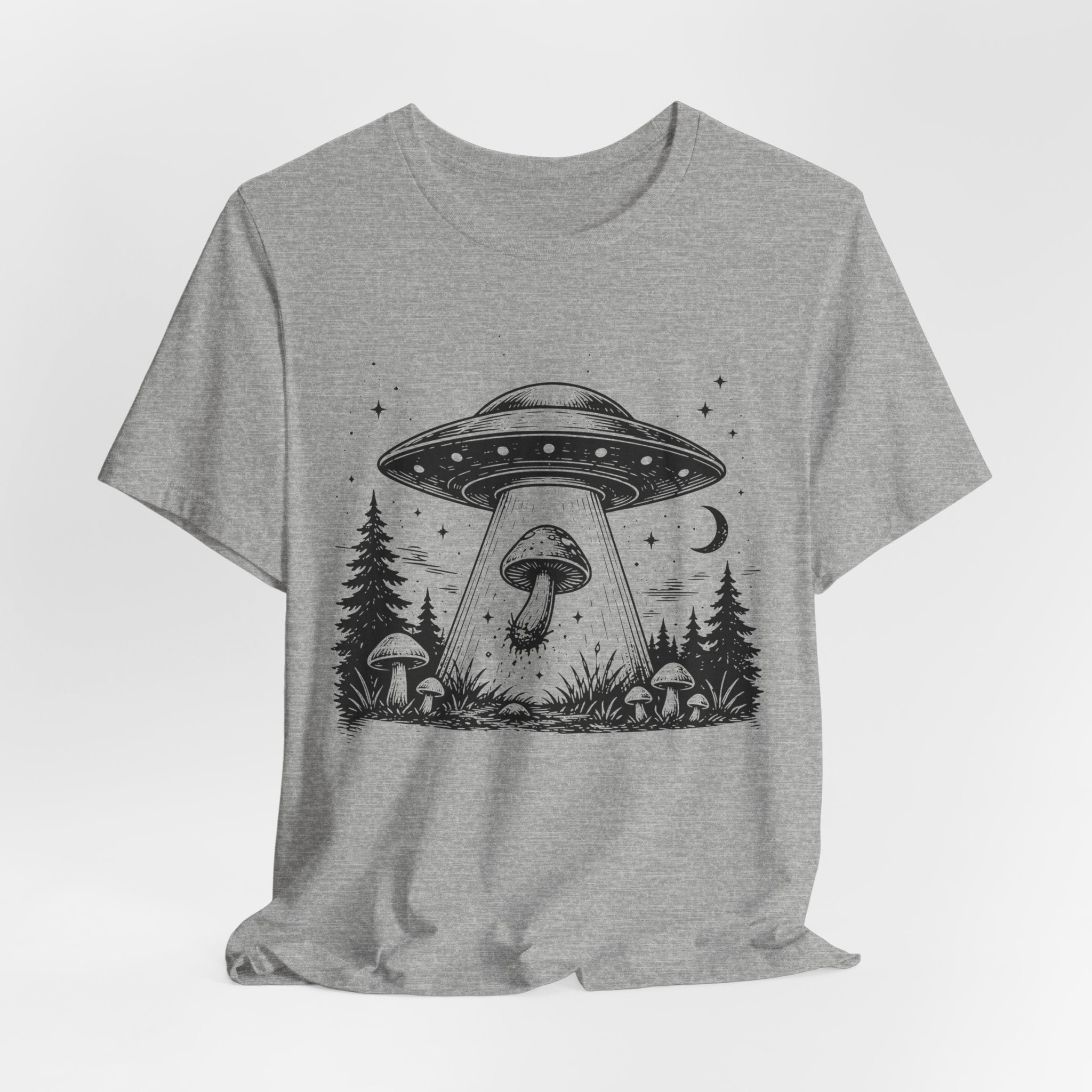 UFO Mushroom Abduction T-Shirt in Heather Peach worn shot - funny goblincore alien shirt, Barely Outdoorsy Bella Canvas