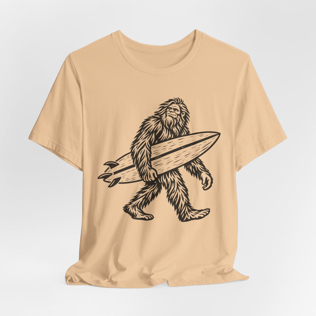 Surfing Bigfoot Tee in Heather Columbia Blue - funny surfing Bigfoot shirt, Barely Outdoorsy Bella Canvas 3001