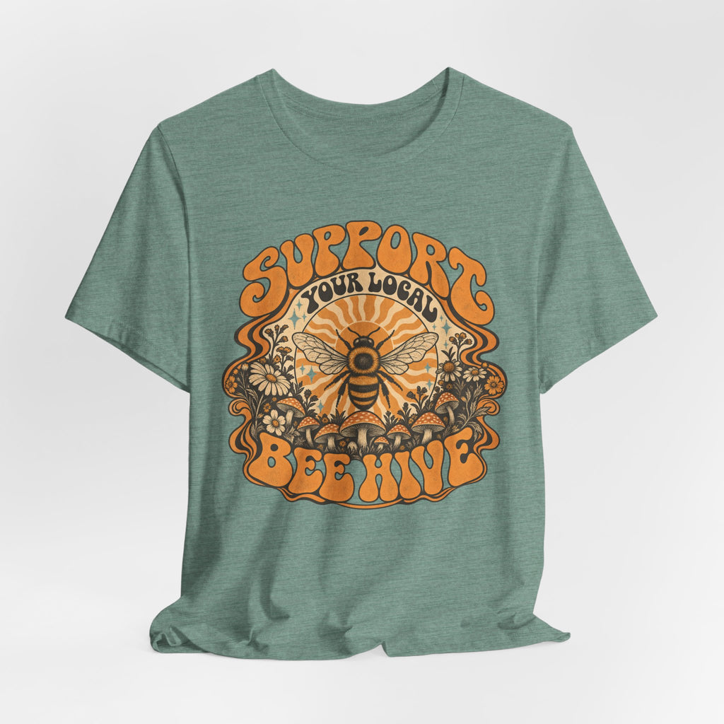 Support Your Local Bee Hive T-Shirt in Dark Grey Heather - cottagecore bee hive sunburst graphic tee, Barely Outdoorsy Bella Canvas 3001