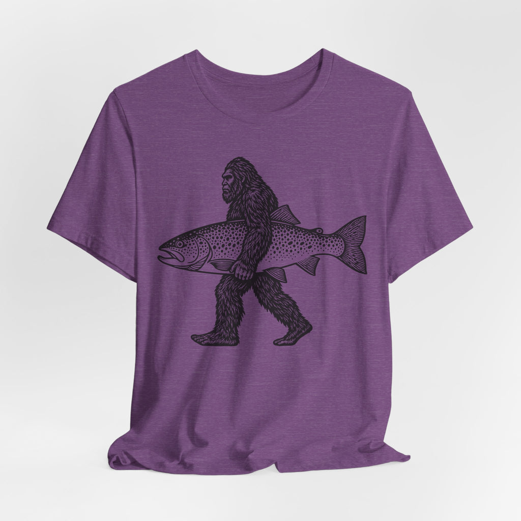 Bigfoot Fishing Sasquatch Trout T-Shirt in Heather Team Purple - funny Bigfoot fishing Sasquatch trout fisherman graphic tee, Barely Outdoorsy