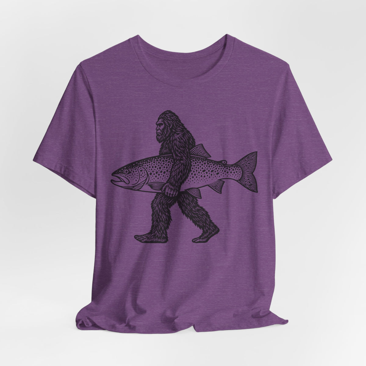 Bigfoot Fishing Sasquatch Trout T-Shirt in Heather Team Purple - funny Bigfoot fishing Sasquatch trout fisherman graphic tee, Barely Outdoorsy
