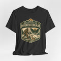 Department of Unverified Wildlife Tee flat lay Dark Grey Heather - unisex crew neck cryptid department graphic tee, Barely Outdoorsy